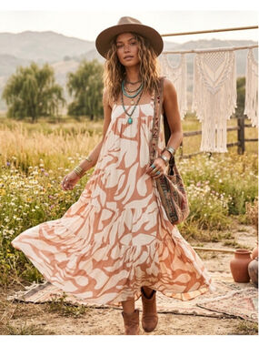 Anthropologie Abel the Label Maxi Dress Size S Beige Brown Abstract Print